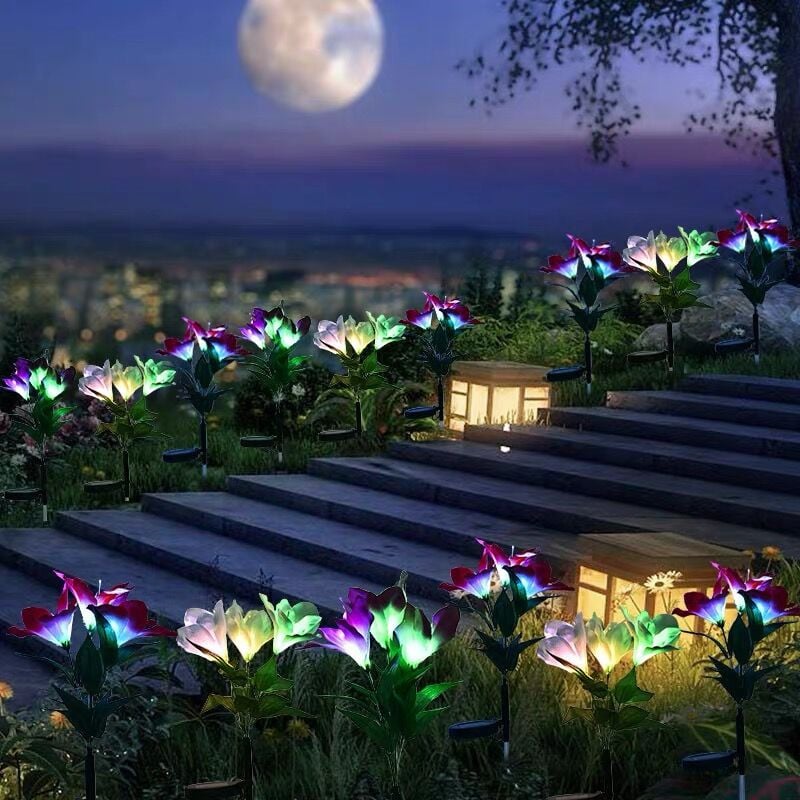 RGB krāsu 4 galvas, lilijas ziedu LED saules gaismas āra apdare pagalma dārza zāliena gaisma 600 AMH saules enerģijas pagalma ceļa lampa