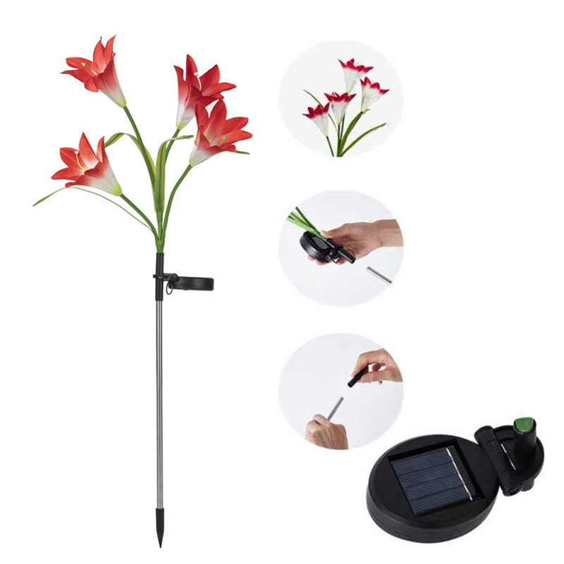 RGB krāsu 4 galvas, lilijas ziedu LED saules gaismas āra apdare pagalma dārza zāliena gaisma 600 AMH saules enerģijas pagalma ceļa lampa