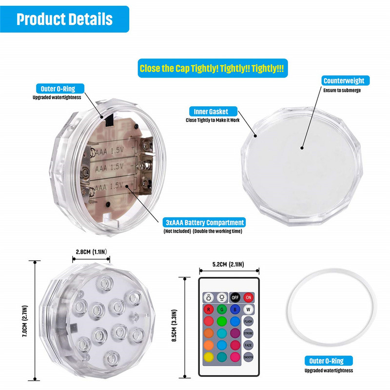 Peldbaseina apgaismojums 10 LED zemūdens nakts lampa ar tālvadības pulti dīķa strūklakas vāze 16 krāsu iegremdējama zem ūdens gaismas