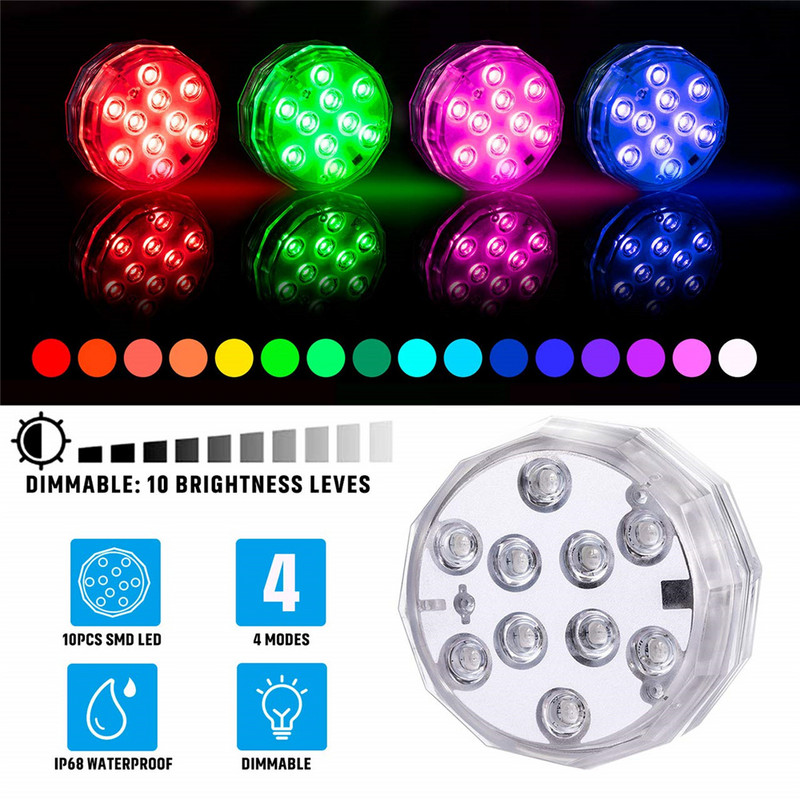 Peldbaseina apgaismojums 10 LED zemūdens nakts lampa ar tālvadības pulti dīķa strūklakas vāze 16 krāsu iegremdējama zem ūdens gaismas