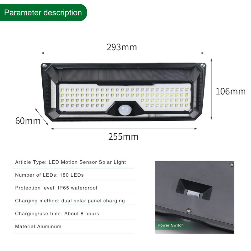 180 LED solarna svjetla za uređenje vrta PIR zidna svjetiljka sa senzorom pokreta Vodootporna sigurnosna svjetiljka na solarno napajanje u nuždi