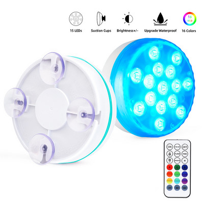 Merülő LED lámpák rádiófrekvenciás távirányítóval, IP68 vízálló víz alatti lámpával, 15 LED 16 színű tólámpával akváriumi szökőkútvázához