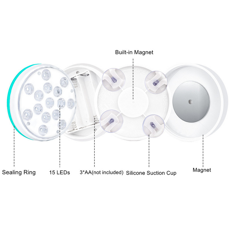 Merülő LED lámpák rádiófrekvenciás távirányítóval, IP68 vízálló víz alatti lámpával, 15 LED 16 színű tólámpával akváriumi szökőkútvázához
