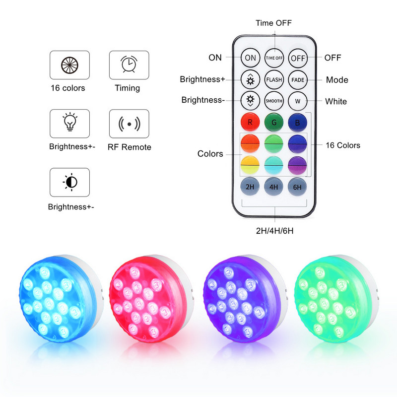 Merülő LED lámpák rádiófrekvenciás távirányítóval, IP68 vízálló víz alatti lámpával, 15 LED 16 színű tólámpával akváriumi szökőkútvázához