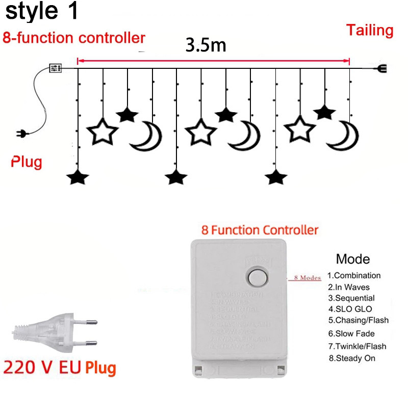 Lāstekas sirds LED pasaku gaismas virtene Ziemassvētku Jaungada aizkaru lampa Eid Mubarak ballītes dekorēšana Mājas guļamistaba Ramadan Kareem