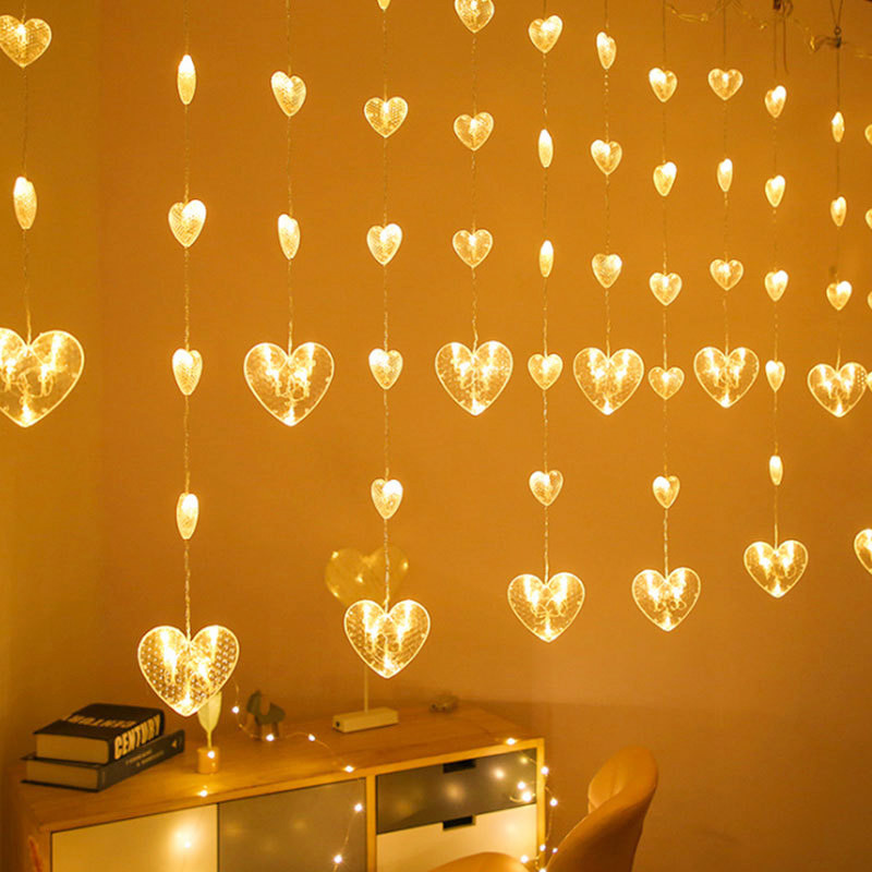 Lāstekas sirds LED pasaku gaismas virtene Ziemassvētku Jaungada aizkaru lampa Eid Mubarak ballītes dekorēšana Mājas guļamistaba Ramadan Kareem