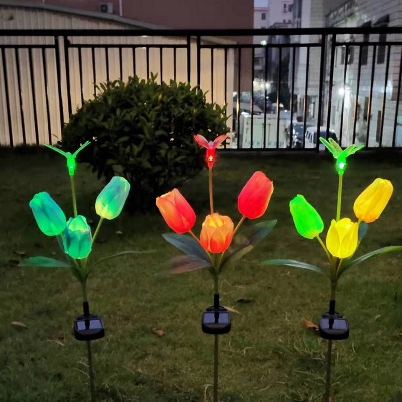 Lumină solară Lampă cu flori de lalele, în aer liber, impermeabilă, pentru gazon, cu LED-uri, cu inserție multicoloră, cale pentru curte, iarnă, lumină solară, decorare pentru grădină