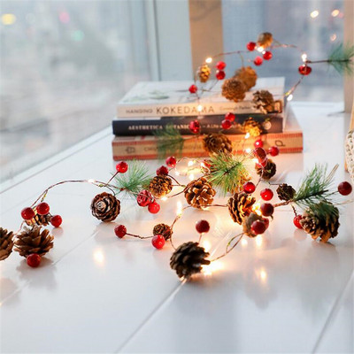 moonlux 2M 20LED Ziemassvētku stīgu gaismas priežu čiekuru sarkana ogu lampa Garland Fairy gaismas kāzu koka mājas ballīšu dekorēšanai