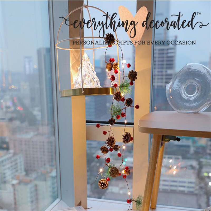 moonlux 2M 20LED vianočné reťazové svetielka borovicové šišky girlanda s červenými bobuľami rozprávkové svetielka na svadobný stromček dekorácia domácej párty