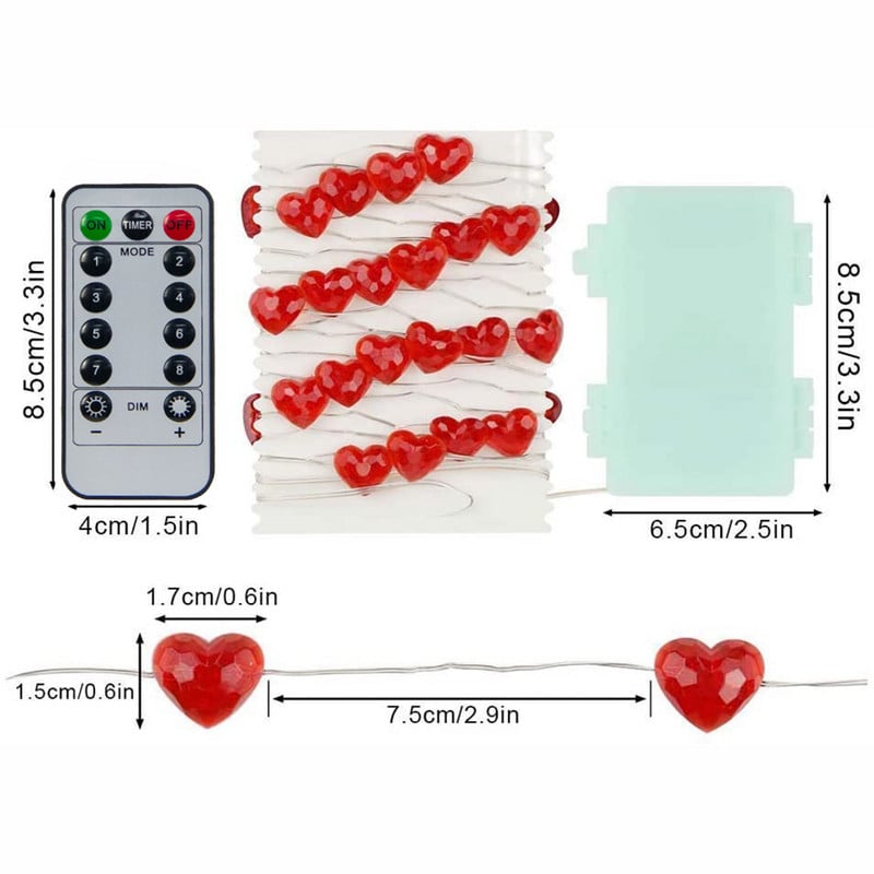Decor Ziua Îndrăgostiților Lumini roșii în formă de inimă, cu cronometru de la distanță, 4M, 40 LED-uri.
