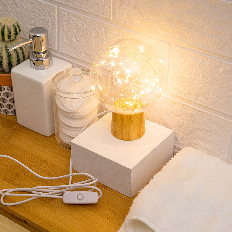 USB éjszakai fény varázsgömb alakú LED lámpa fa talppal, vezetékes vezérlésű, dekoratív asztali lámpa otthoni, éjjeliszekrényhez