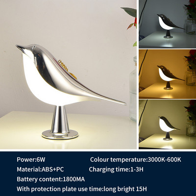 Lumină de noapte pentru păsări, cu control tactil, pentru dormitor, pentru noptieră, lampă de masă, reîncărcabilă, lampă cu aromă magpie, cu LED, în trei culori