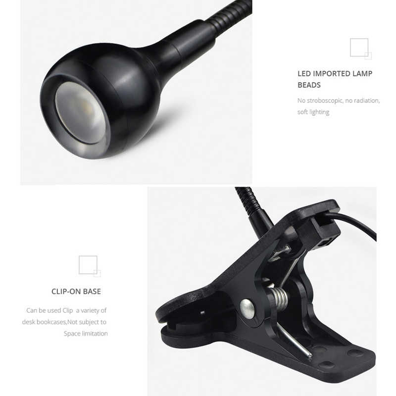 Rugalmas csöves, állítható LED-es asztali lámpa, USB teljesítménymérő asztali olvasólámpa kliptartóval akváriumi akvárium világításhoz