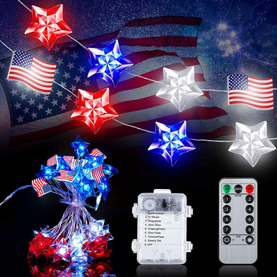 1m/2m/3m/4m amerikai zászló lámpa Függetlenség napi parti dekoráció LED piros fehér és kék csillag elemes színes zsinór fény