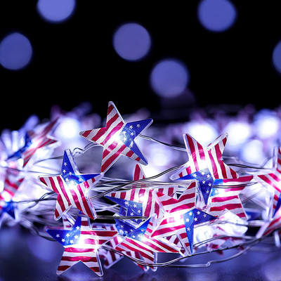1m/2m/3m/4m осветление на американското знаме Парти декорации за Деня на независимостта LED червена бяла и синя звезда със захранване на батерията цветна нишка