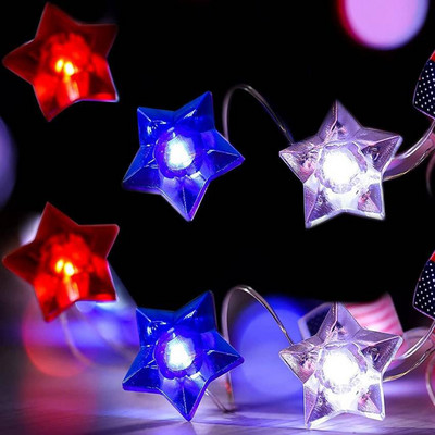 1m/2m/3m/4m осветление на американското знаме Парти декорации за Деня на независимостта LED червена бяла и синя звезда със захранване на батерията цветна нишка