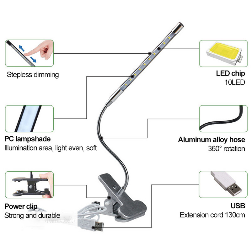 8 W LED apkabos stalinė lempa, jutiklinė stalinė lemputė, maitinama USB, 3 režimai, 10 lygių pritemdomi, lankstomi spaustukai