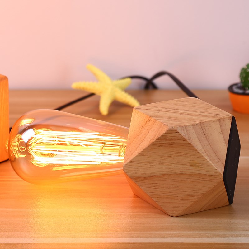 Lampă de noapte mică din lemn, lampă de masă mică, lampă de masă simplă pentru dormitor E27 iluminat de uz casnic