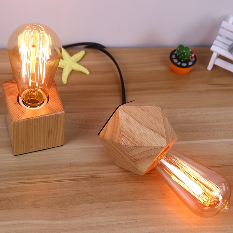 Lampă de noapte mică din lemn, lampă de masă mică, lampă de masă simplă pentru dormitor E27 iluminat de uz casnic