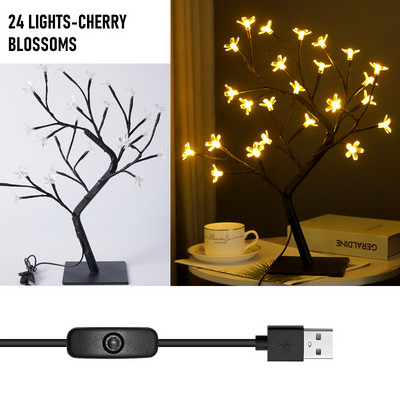 ins Dekoratiivne laualamp vahtraleht kirsiõielised roosid 24 LED-i öövalgusti USB-port Jõulud meisterdage loomingulised magamistoa lauavalgustid