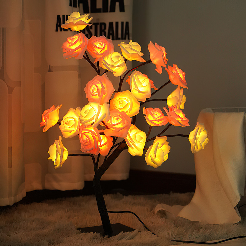 Lampă decorativă de masă ins Frunze de arțar, trandafiri cu flori de cireș, 24 LED-uri, lumină de noapte, port USB, bricolaj, lumini creative pentru birou pentru dormitor