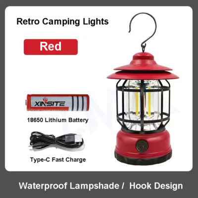 Lampă de camping portabilă retro clasică, suspendată în aer liber, reîncărcabilă prin USB, pentru cort de epocă, impermeabilă, pentru grădină, stradă