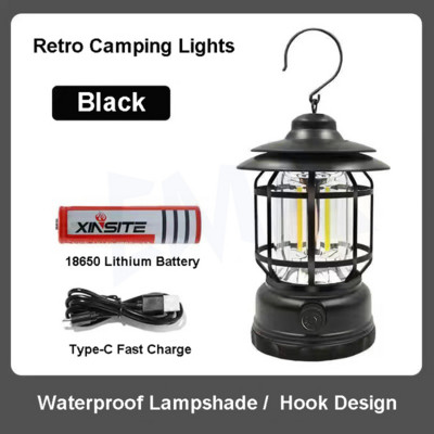 Lampă de camping portabilă retro clasică, suspendată în aer liber, reîncărcabilă prin USB, pentru cort de epocă, impermeabilă, pentru grădină, stradă