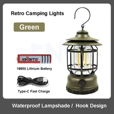 Lampă de camping portabilă retro clasică, suspendată în aer liber, reîncărcabilă prin USB, pentru cort de epocă, impermeabilă, pentru grădină, stradă
