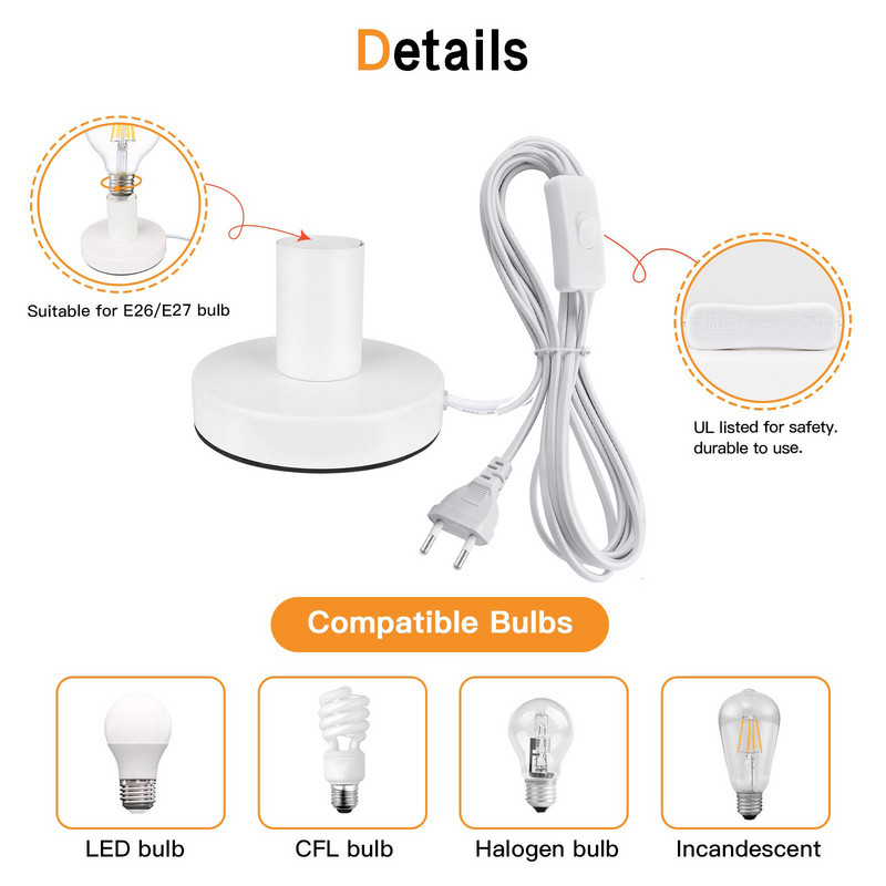 Baza lămpii de masă din metal lustruit Baza lămpii de masă industriale Cablu de 1,8 m Priză E27 UE SUA cu întrerupător Lampă mică noptieră