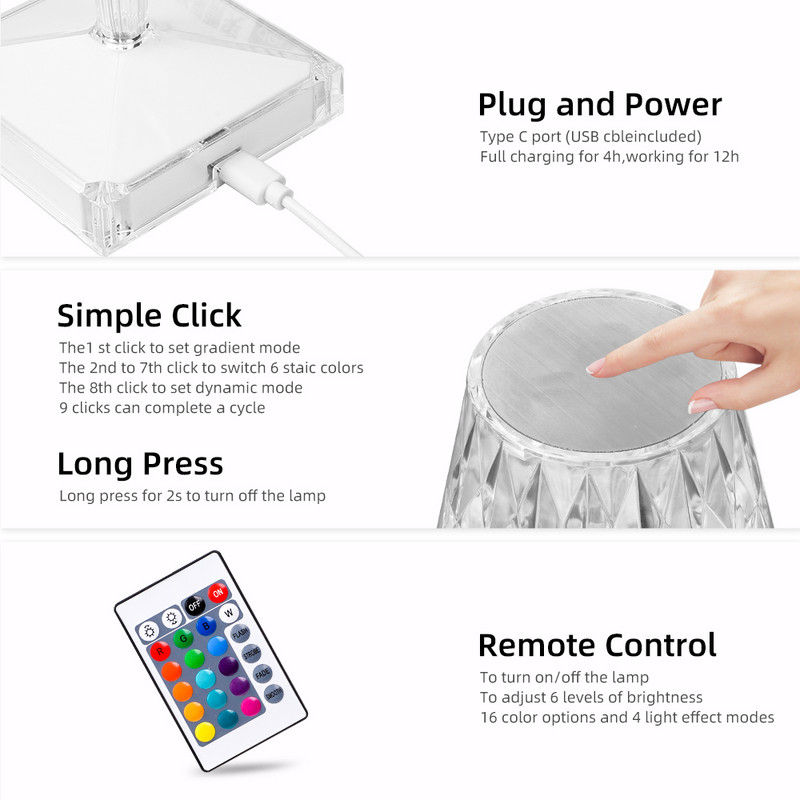 Puutetundliku anduriga teemantlaualamp akrüülkaunistustega 3/16 värvivalgusti baarile Magamistoa voodiäärsed kristallist LED lauavalgustid öövalgustid