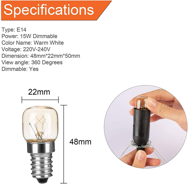 6 pakuotės E12 E14 užsukamas dangtelis T22 mažos Edison kaitrinės lemputės, skirtos Himalajų druskos roko lempoms 120V 220V 15W 20W 25W naktinė lemputė