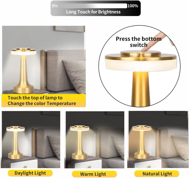 Nešiojama metalinė LED stalinė lempa, 3 spalvų jutiklinio jutiklio įkraunama stalinė lempa, kambario dekoravimo stalinė lempa, naktinė lempa, valgomojo lempa