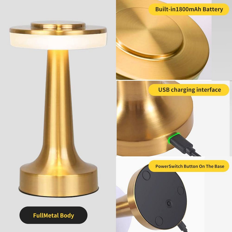 Nešiojama metalinė LED stalinė lempa, 3 spalvų jutiklinio jutiklio įkraunama stalinė lempa, kambario dekoravimo stalinė lempa, naktinė lempa, valgomojo lempa