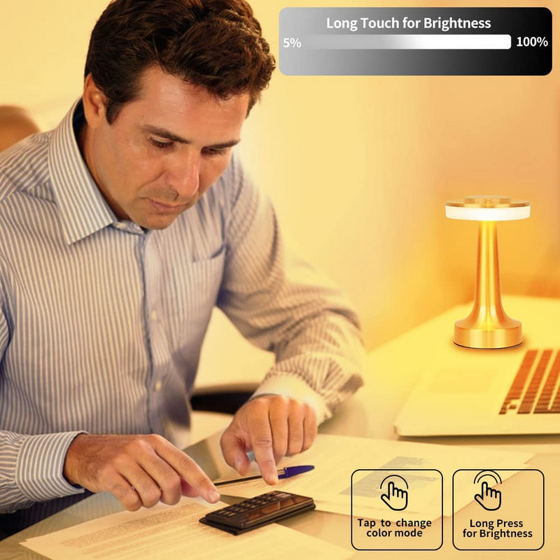 Nešiojama metalinė LED stalinė lempa, 3 spalvų jutiklinio jutiklio įkraunama stalinė lempa, kambario dekoravimo stalinė lempa, naktinė lempa, valgomojo lempa
