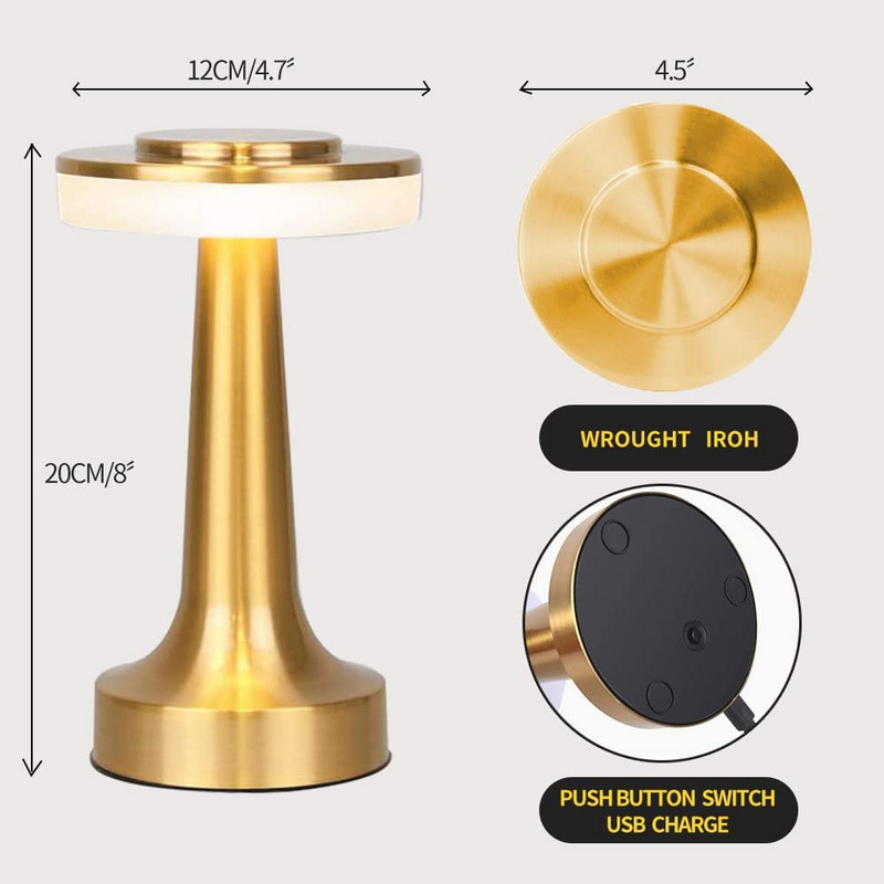 Nešiojama metalinė LED stalinė lempa, 3 spalvų jutiklinio jutiklio įkraunama stalinė lempa, kambario dekoravimo stalinė lempa, naktinė lempa, valgomojo lempa