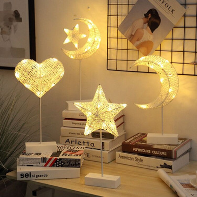 Rattan Weave Star/Moon Night Light Patareidel töötav laualamp Jõulukingitused Sisustus Elutuba Kodupeol öökapi laualamp