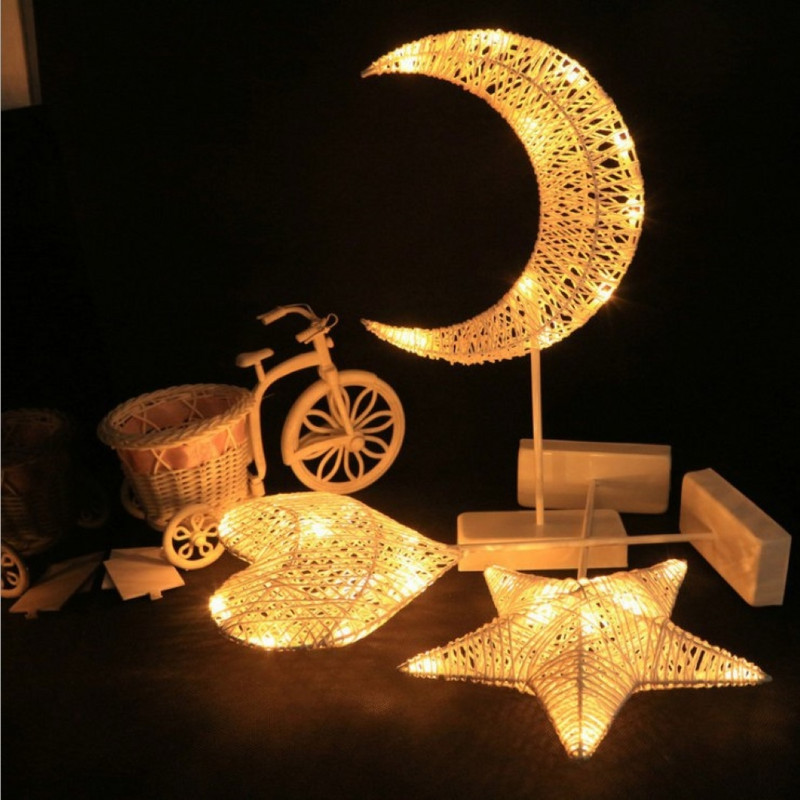 Rattan Weave Star/Moon Night Light Patareidel töötav laualamp Jõulukingitused Sisustus Elutuba Kodupeol öökapi laualamp