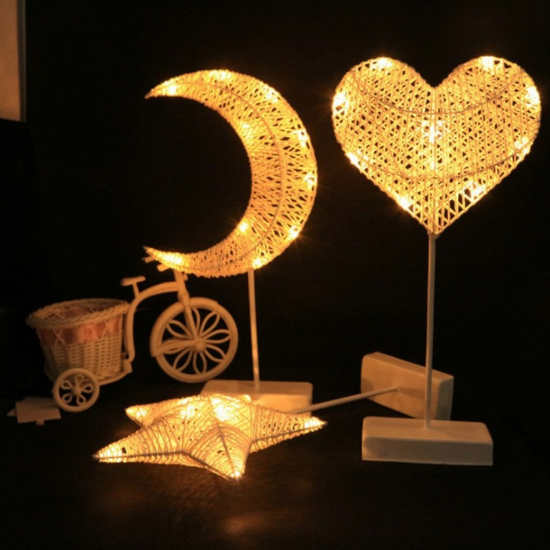 Rattan Weave Star/Moon Night Light Patareidel töötav laualamp Jõulukingitused Sisustus Elutuba Kodupeol öökapi laualamp