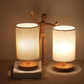 USB éjjeli asztali lámpa Modern LED asztali lámpa szövet ernyővel és fa alappal háztartási hálószoba díszekhez