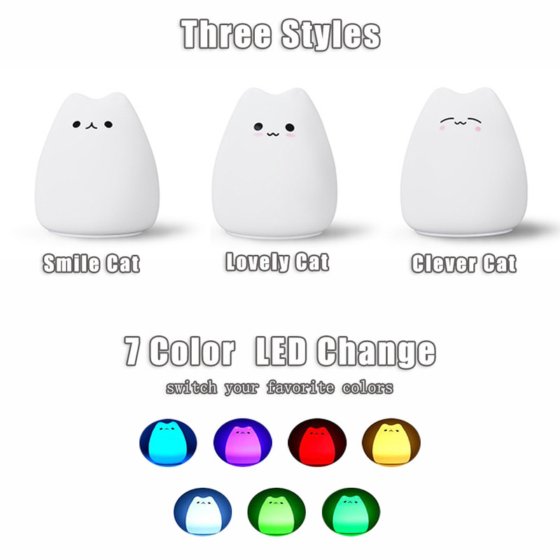 Lampă de birou cu pisică drăguță de desene animate în 7 culori Lumină de noapte cu atingere, alimentată cu baterii, din silicon moale, pentru decor dormitor pentru copii