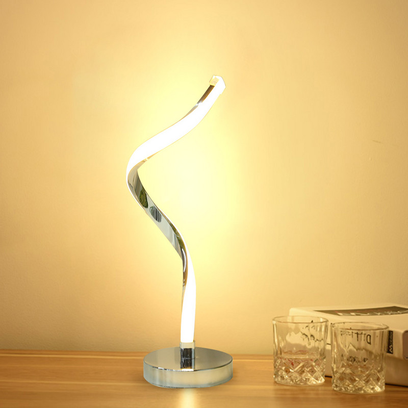 Lampă de masă în spirală cu LED modernă, lampă de noptieră, metal acrilic, protecție pentru ochi, lectură, învățare, lumină caldă, decor camera de zi