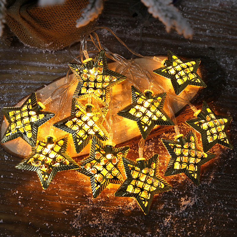 Snur luminos de Crăciun Fier forjat Hollow Steaua cu cinci colțuri Fulg de zăpadă Pom de Crăciun Lumini de Crăciun cu LED clare pentru interior
