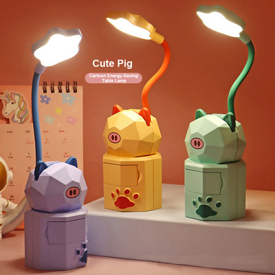Kawaii üliõpilaste ühiselamu koomiks loomade laualamp USB laadimine hoiuruum Öised lugemislambid Magamistuba armas lemmiklooma kirjutuslaud LED valgus