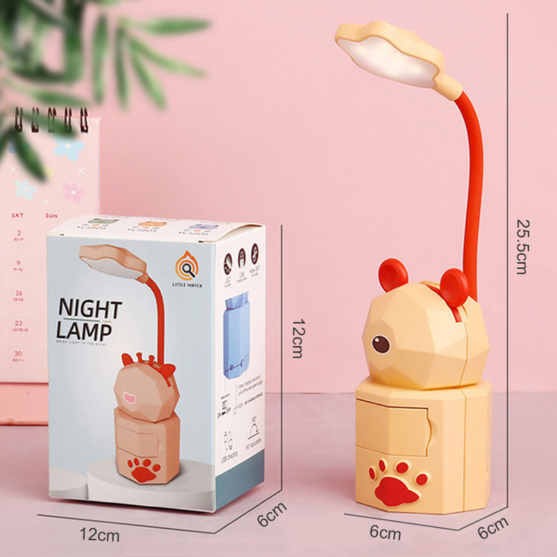 Kawaii üliõpilaste ühiselamu koomiks loomade laualamp USB laadimine hoiuruum Öised lugemislambid Magamistuba armas lemmiklooma kirjutuslaud LED valgus
