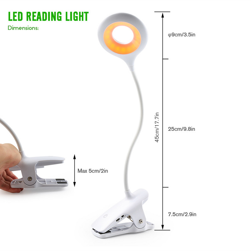 Lampă cu LED pentru cărți Lumini de masă Clip pentru birou 1600K chihlimbar Lectură noptieră USB reîncărcabilă pentru dormitor de studiu Protecția ochilor