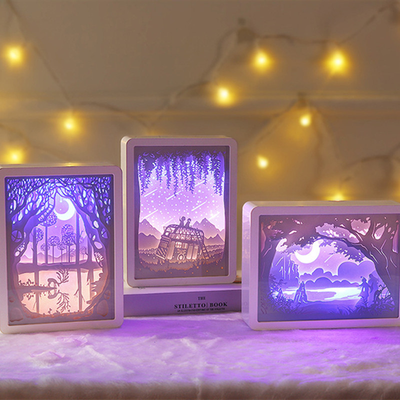 LED-es papírfaragás éjszakai lámpa USB fény és árnyék lézeres üreges 3d háromdimenziós hálószoba éjjeli dekorációs asztali lámpa 2022
