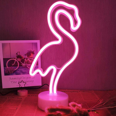 Semn neon cu suport pentru decor de bază Flamingo roz deschis Lampă de noapte Funcționează cu baterie și USB pentru petrecerea de aniversare de Crăciun Cadou pentru camera copiilor