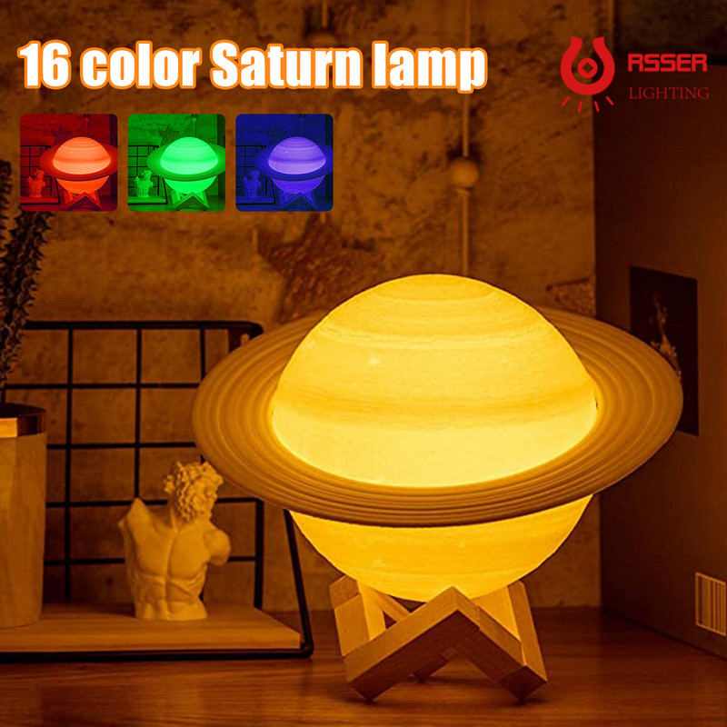 RSSER 3D Moon Lampa Lumina Dormitor Decor Tap Moon Light Lampa de noapte reincarcabila in 16 culori Lampa Saturn Lampa de noptiera pentru copii