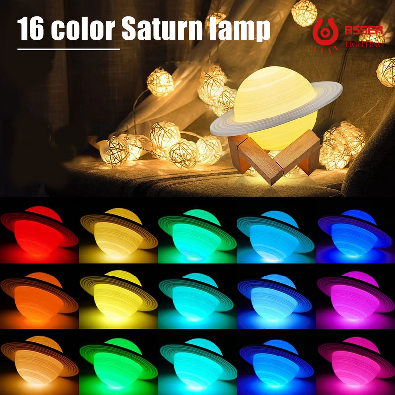 RSSER 3D Moon Lampa Lumina Dormitor Decor Tap Moon Light Lampa de noapte reincarcabila in 16 culori Lampa Saturn Lampa de noptiera pentru copii