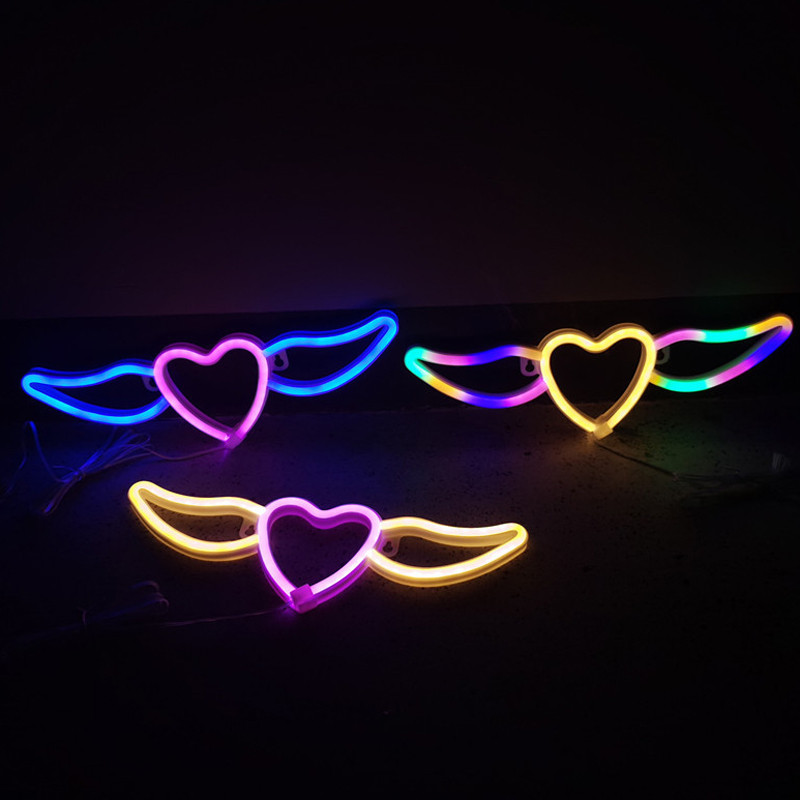 Lumină cu neon cu LED, inimă de dragoste cu aripi, semn de neon pentru dormitor, perete, sufragerie, decorare interioară, lampă cu neon pentru cadouri pentru adolescenți.